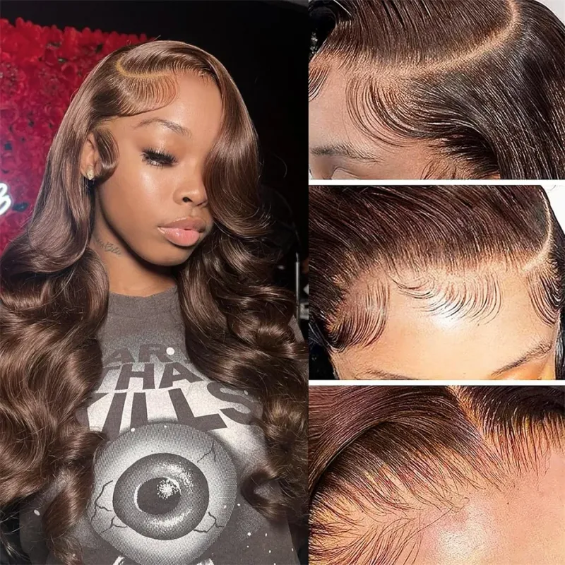 Parrucche frontali in pizzo trasparente HD Body Wave 13x4 per capelli umani, color cioccolato #4, parrucche frontali in capelli umani indiani colorati per le donne_voghion.com