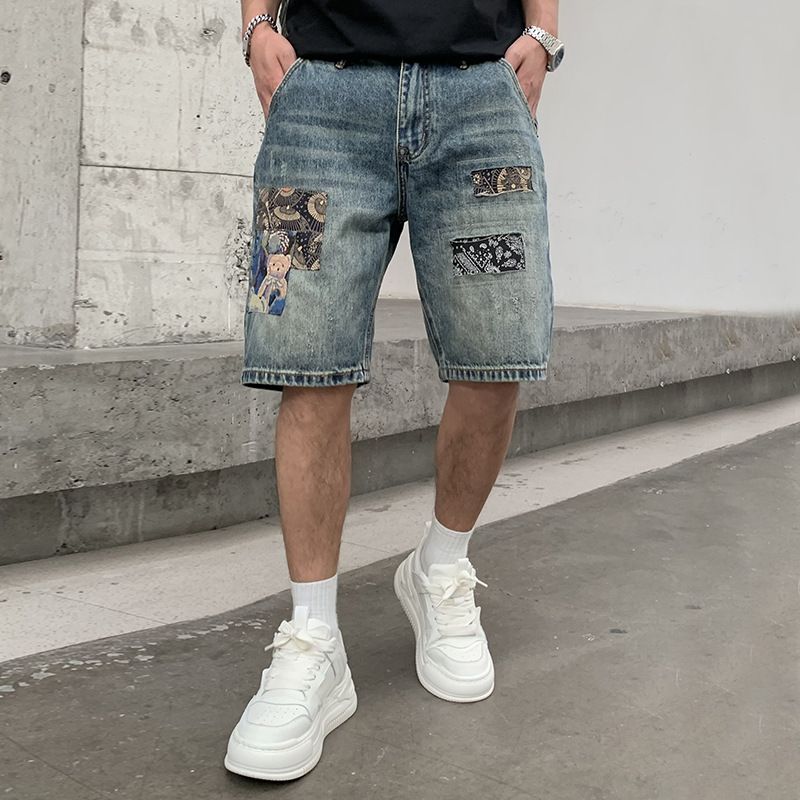 Men's Clothing High Street Denim Shorts Loose Ripped Patch Shorts Straight Rotten Hole Patch Shorts_voghion.com