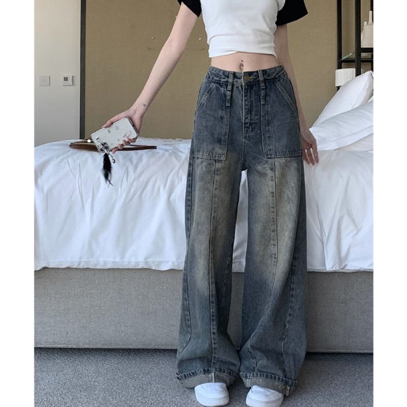 American style vintage straight jeans for women's autumn new high waisted, loose fit, slimming design, niche wide leg_voghion.com
