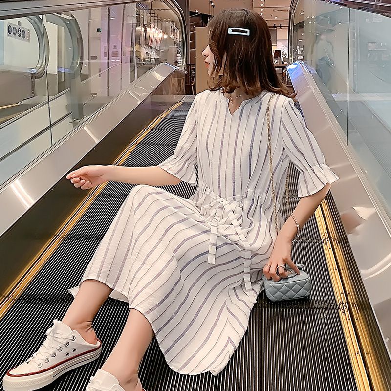 Robe de maternité mi-longue en coton et lin pour femmes enceintes, manches courtes_voghion.com