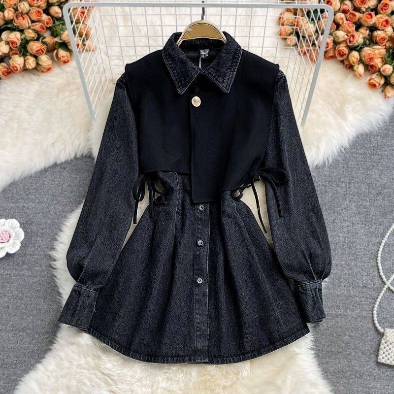 Women's Clothing Retro High End Short Vest Layered Denim Shirt Skirt Two Piece Suit_voghion.com