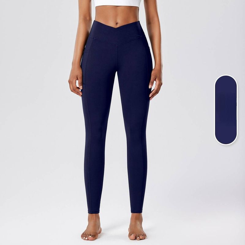 Pantalones antibacterianos deportivos NOKO color piel, nuevos pantalones de yoga cruzados de cintura alta para mujer con bolsillo lateral, pantalones deportivos elásticos para correr, pantalones de fitness de nueve puntos._voghion.com