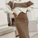 Elegant Striped Knit Sweater And Skirt Set - Soft Viscose Blend, Comfortable & Stylish, S/M/L/XL Sizes, Light Brown & White Options_voghion.com
