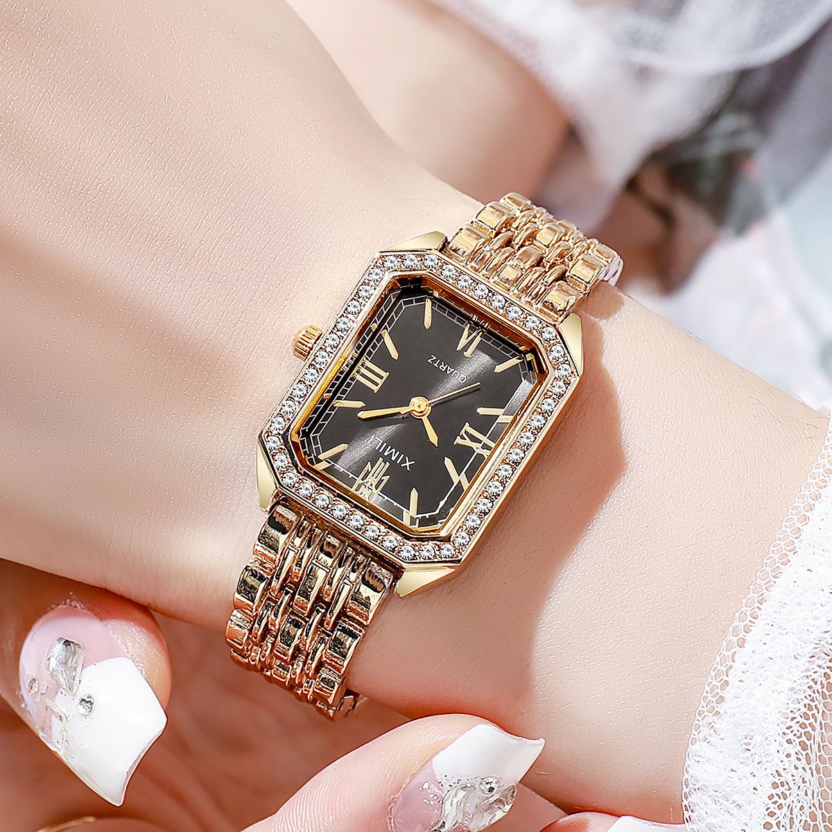 Square Steel Belt Watch Women's Simple Rhinestone Square Diamond-encrusted Roman Women's Dial To Work Daily Birthday Anniversary Valentine's Day Gift_voghion.com