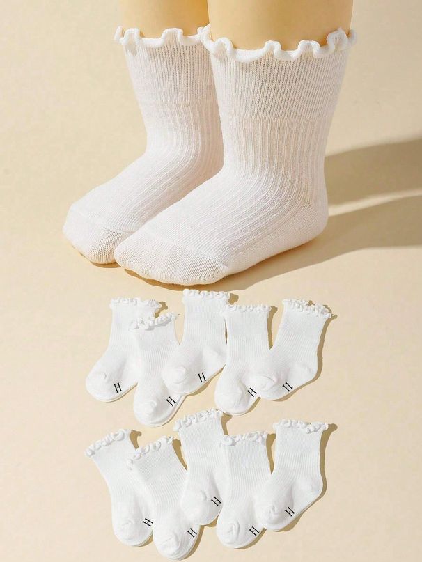 10 Paar atmungsaktive weiße Crew-Socken mit Spitzenrand für Babys_voghion.com