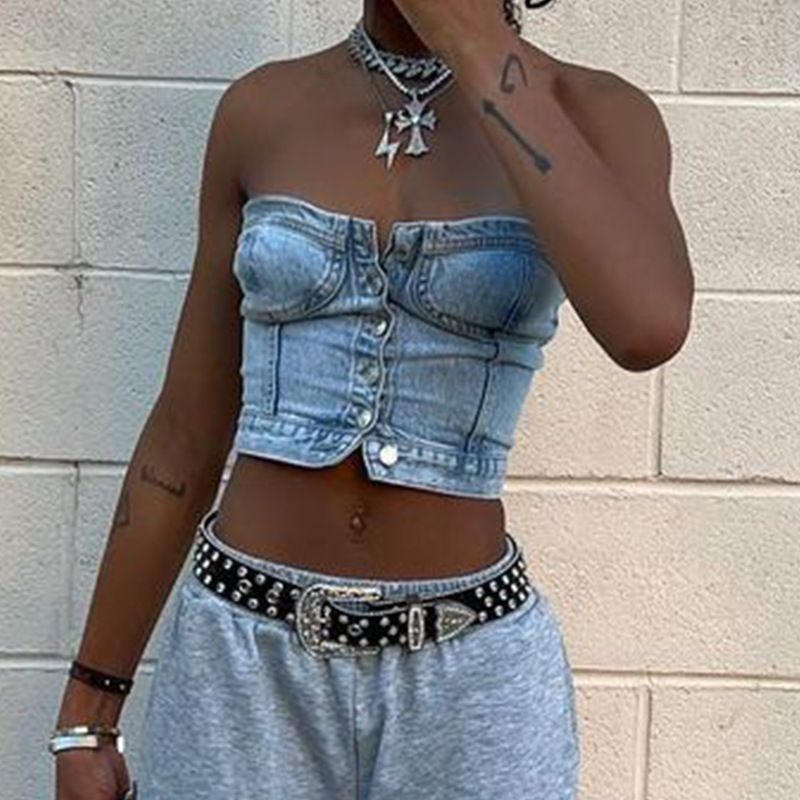 Slim-fit mode-denimvest uit één stuk voor dames_voghion.com