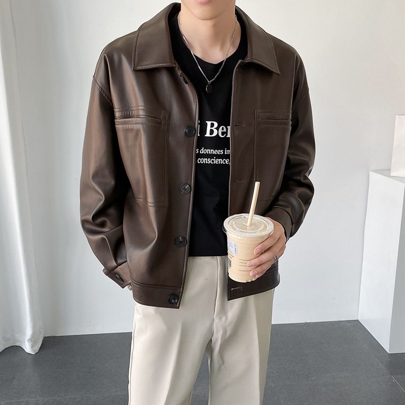 Giacca casual corta in pelle PU con risvolto retrò da uomo, giacca in pelle larga da celebrità di nicchia da uomo_voghion.com