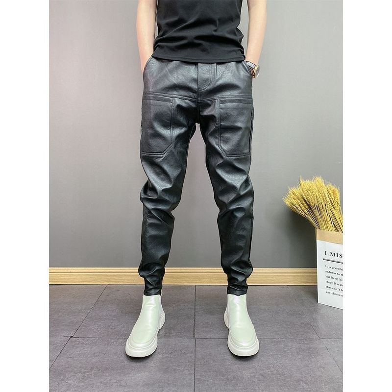 Men's Clothing trendy elastic PU leather pants windproof and waterproof six-pocket solid color handsome casual trousers_voghion.com