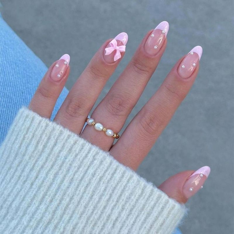 Tragbare rosa französische Perlenschleife Sweet Pure Desire Nail Art Nagelspitzen Tragbare künstliche Nägel_voghion.com
