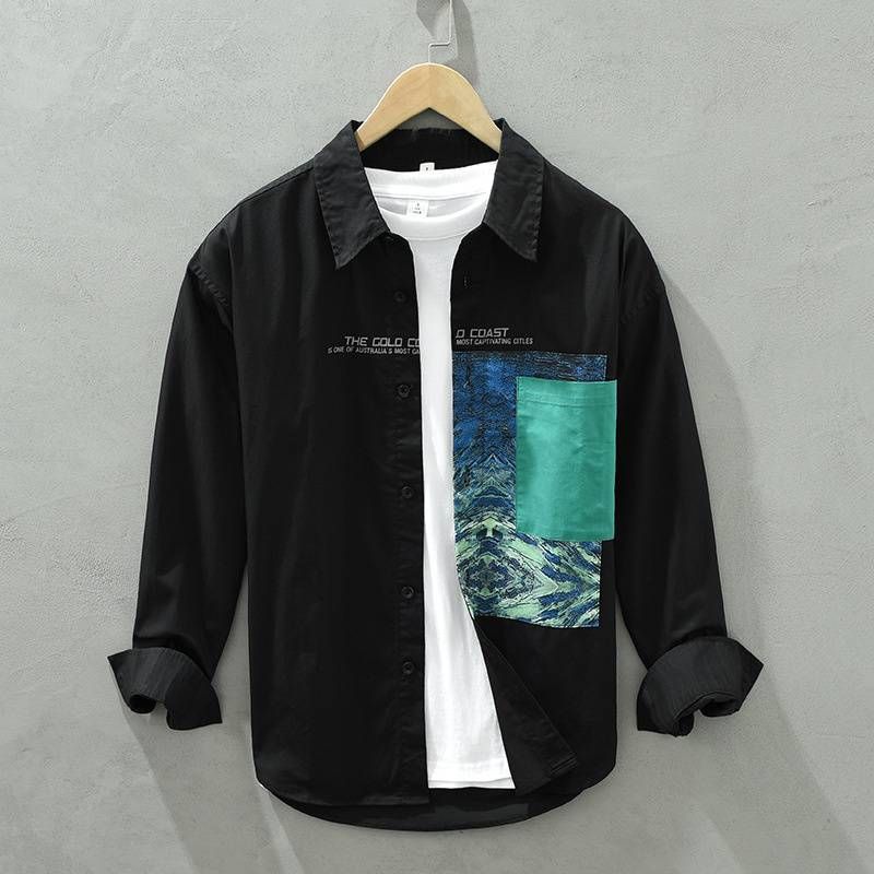 High Quality 2025 Fashion Personalized Printed Patchwork Casual Long Sleeved Shirt For Men's Lapel Retro Artistic Loose Fitting Youth Shirt M-3XL_voghion.com