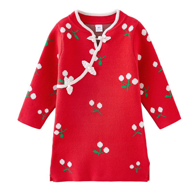 Mutter & Kinder Festliches Mädchen Strickprinzessinnenkleid Mädchen im chinesischen Stil Strickblumenmuster Rot A-Linie Langarmkleid Baby Kleinkind (S-XXL)​_voghion.com