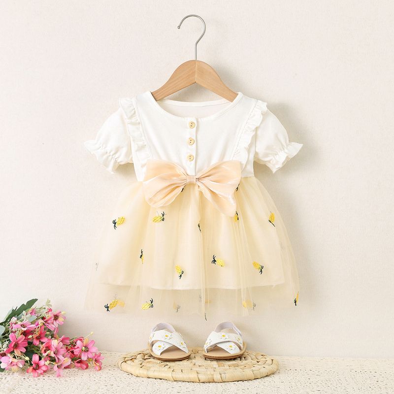 1547 New Style Girls 2025 Baby Girl Sommarklänning Enfärgad Ananas Mesh Splicing Kjol Flickor_voghion.com