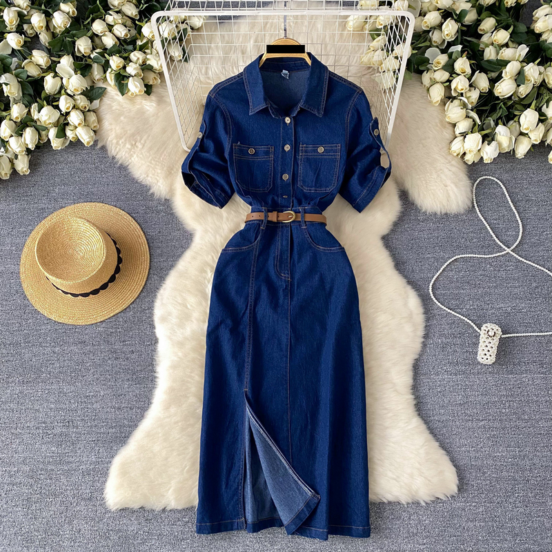 Women's high-end Polo collar denim dress for women summer split waist belt design niche temperament long skirt_voghion.com