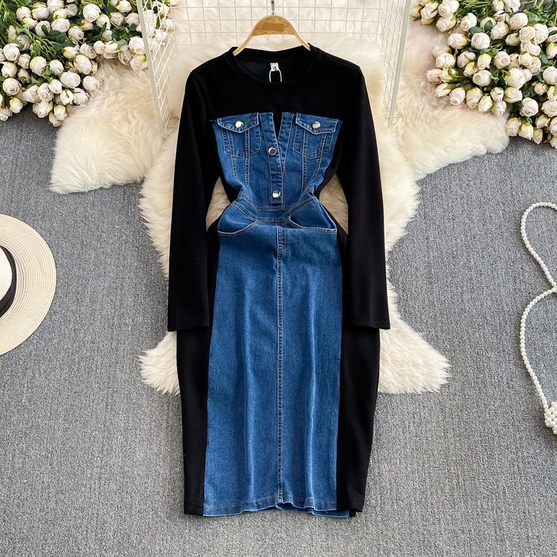 Robe trapèze décontractée à manches courtes, col rond, taille amincissante, en jean, avec épissure_voghion.com