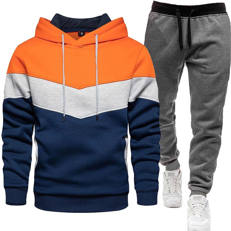 Ensemble sweat à capuche et jogging colorblock pour homme – Survêtement streetwear 99 % polyester (S-XXXL, coutures contrastées, polyvalent pour la salle de sport et les courses)_voghion.com