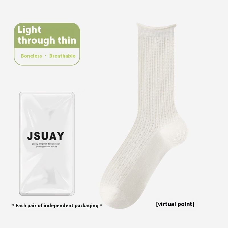 Socks women's spring and summer new mid-calf socks solid color rolled edge breathable anti-odor cotton socks non-slip stacked socks_voghion.com