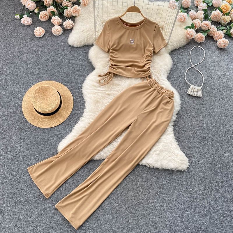 Women's suit: pleated drawstring short-sleeved top + drapey wide-leg pants two-piece suit_voghion.com