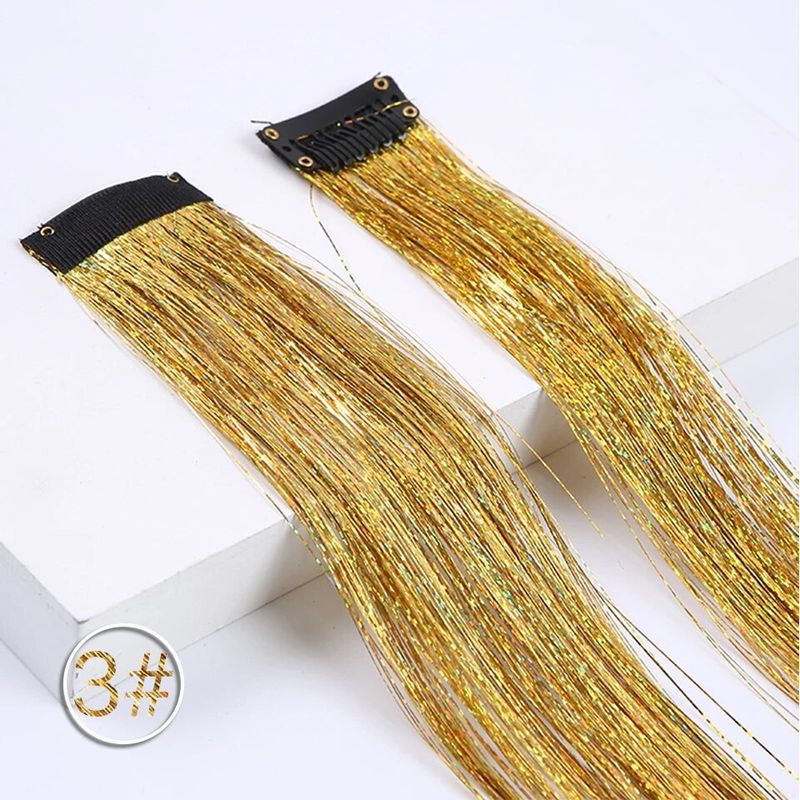 Estensione per capelli sintetici lunghi lisci con clip glitter Estensione per capelli in filo metallico con filo di seta colorato_voghion.com