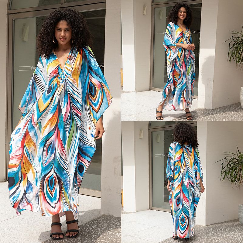 Beach Cover-Up Dress – Flowy Long Bikini Robe With Exotic Prints (Peacock/Abstract/Feather, One Size)_voghion.com
