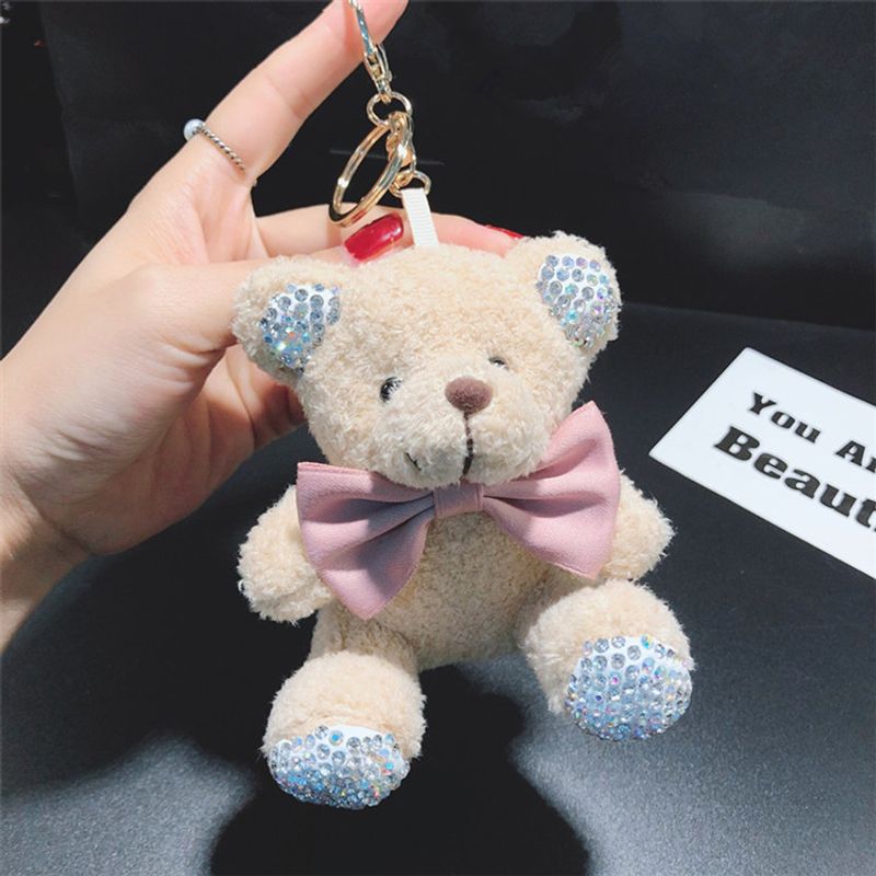 Cute Plush Teddy Sitting Bear With Sparkling Rhinestones, Car Keychain Ring, Women's Bag Pendant_voghion.com