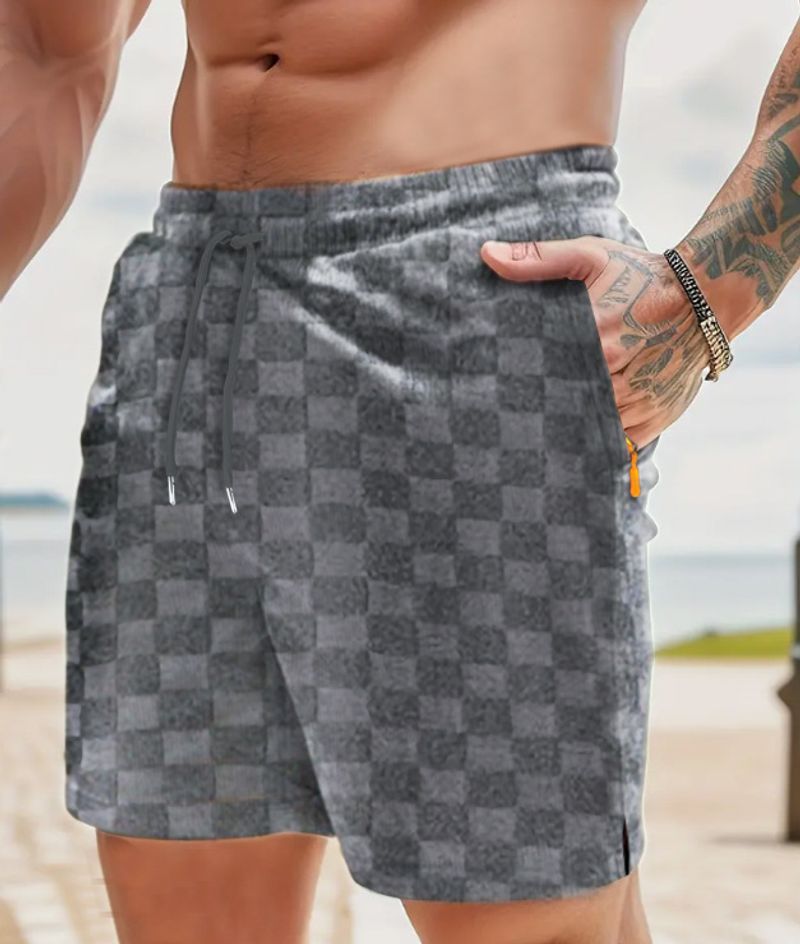 Men's Clothing Summer New Zipper Pocket Shorts Checkerboard Jacquard Sports Shorts Casual Beach Pants_voghion.com