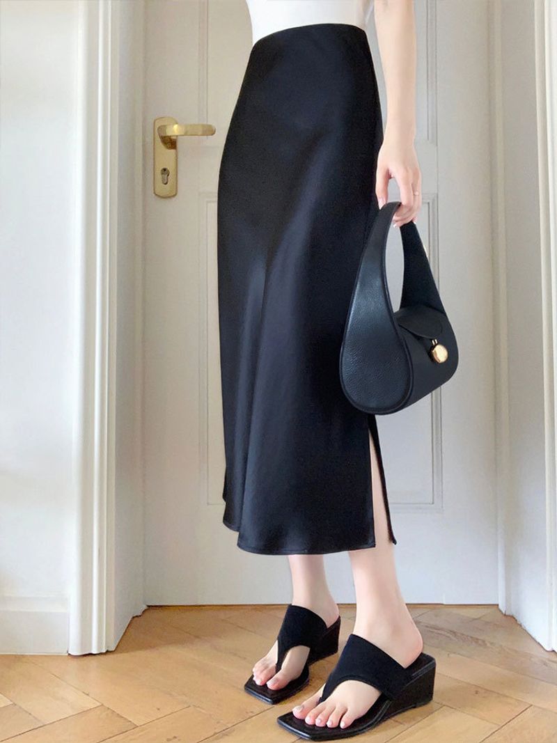 Black Ice Silk Acetate Satin Half Body for Women, Grade, Split Hip Wrapping Skirt, Medium to Long, High Waist, Slimming_voghion.com