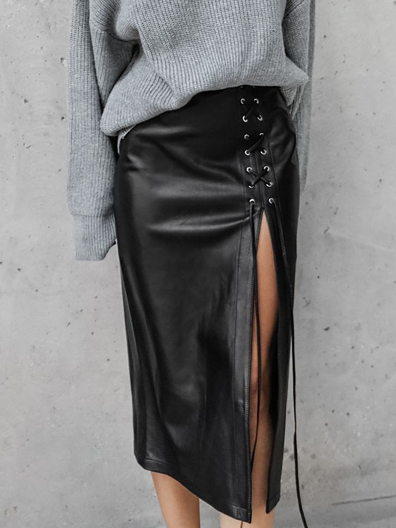 PU leather leather skirt plus velvet skirt new autumn and winter slit strap leather skirt_voghion.com