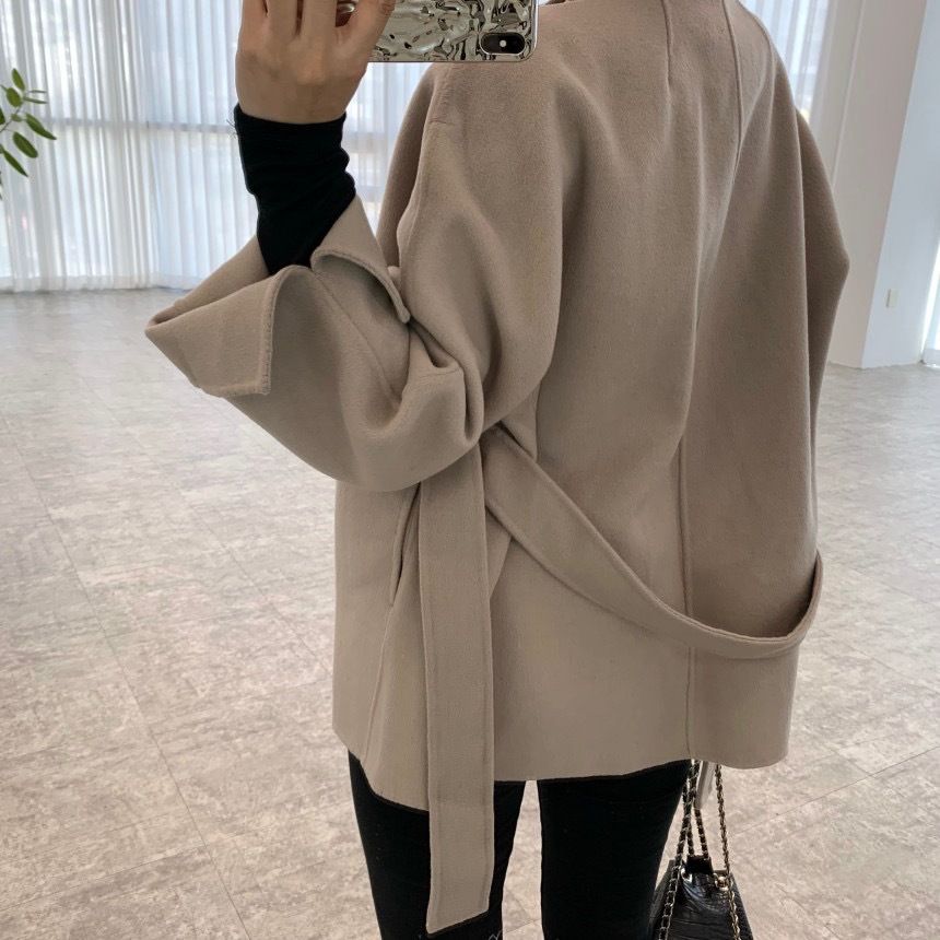 A-Line Wool Blend Coat – Short Peacoat With Stand Collar (Khaki & Grey) | Scandinavian Minimalist Outerwear_voghion.com