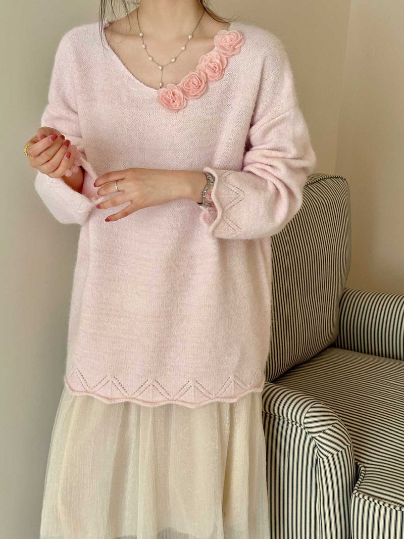 Pull en maille doux et confortable avec motif floral 3D - Pull oversize à col en V pour femme, indispensable de la mode d'automne_voghion.com