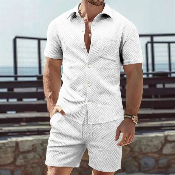 Herrenbekleidung Anzug Strickjacke Button Down Outdoor Freizeit Kurzarmhemd und Shorts Zweiteiliger Anzug_voghion.com