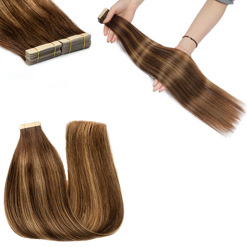 Extensiones de cabello con cinta adhesiva para resaltar, 100 % cabello humano Remy, de 14 a 24 pulgadas, color n.° 4/27, extensiones de piel sintética rectas sin costuras para mujeres_voghion.com