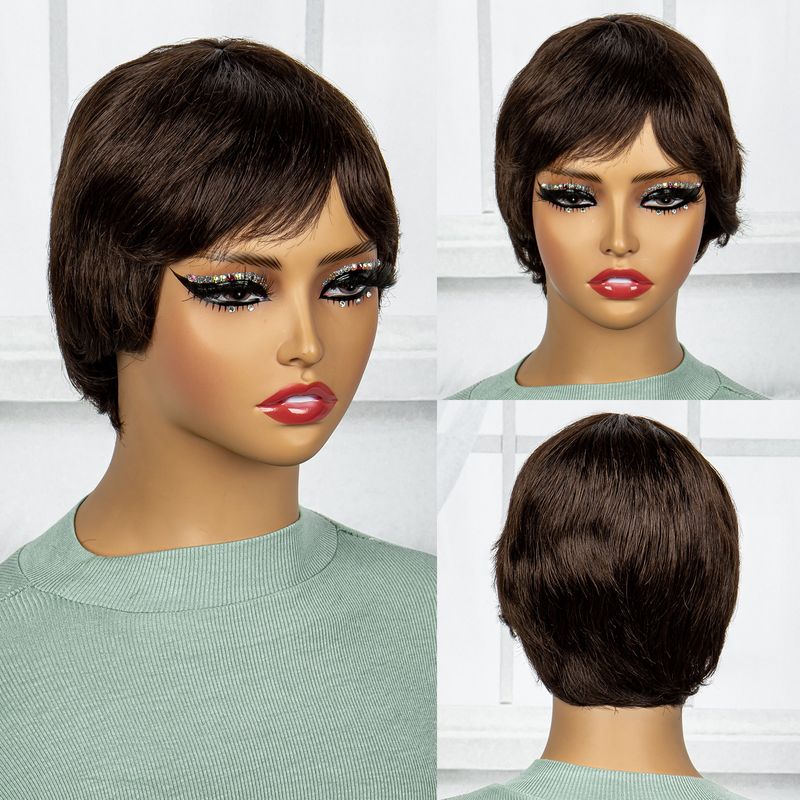 Parrucche corte nere da folletto con frangia Parrucca per capelli umani diritta con ricciolo naturale a strati per donna_voghion.com