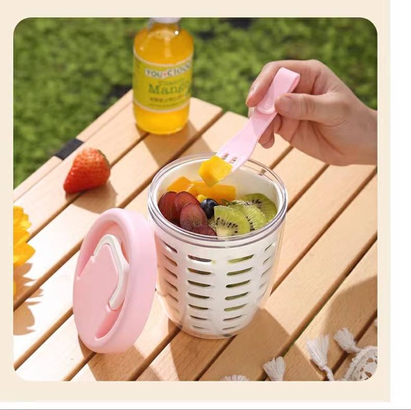 Portable Fruit Salad Container With Lid & Fork - Double Layer Leakproof Bento Box For Breakfast Picnic Office - Includes Drainage Layer & Utensil_voghion.com