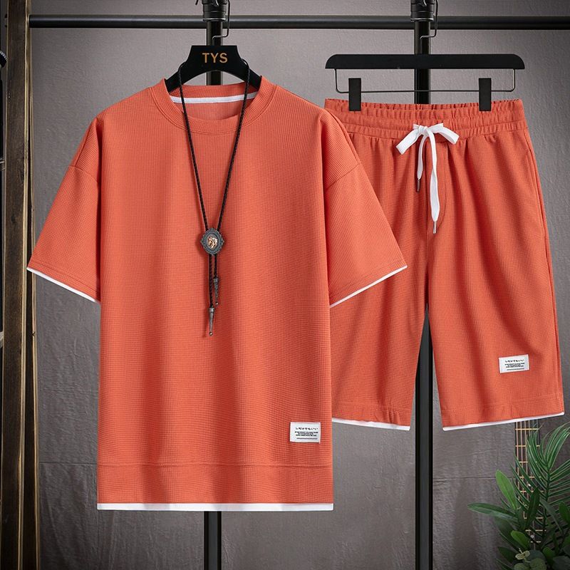 Waffle Short Sleeve Summer Leisure Sports Shirt Sweater T-shirt Shorts Two Piece Set Men's_voghion.com