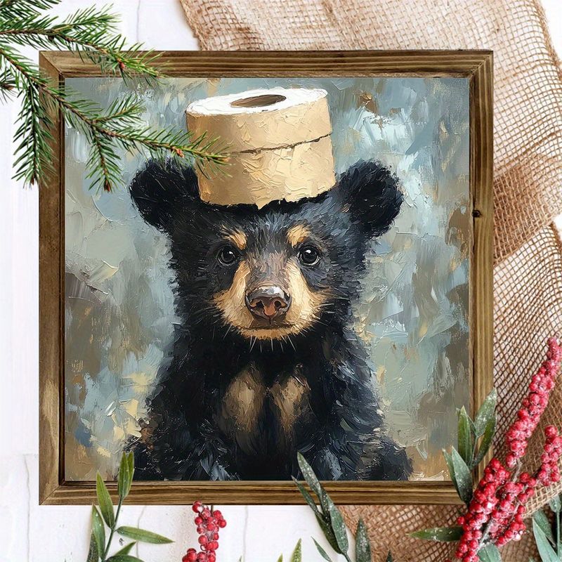 "8x8" Rustic Black Bear & Toilet Paper Wood Sign - Farmhouse Bathroom Wall Art - Playful Vintage Decor For Home/Office - Housewarming Gift_voghion.com