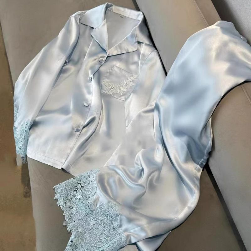Unterwäsche & Nachtwäsche Luxuriöses Pyjama-Set aus Eisseide für Damen – Langarm und Hose mit Spitzenbesatz, bequeme Nachtwäsche für Frühling und Sommer, süß_voghion.com