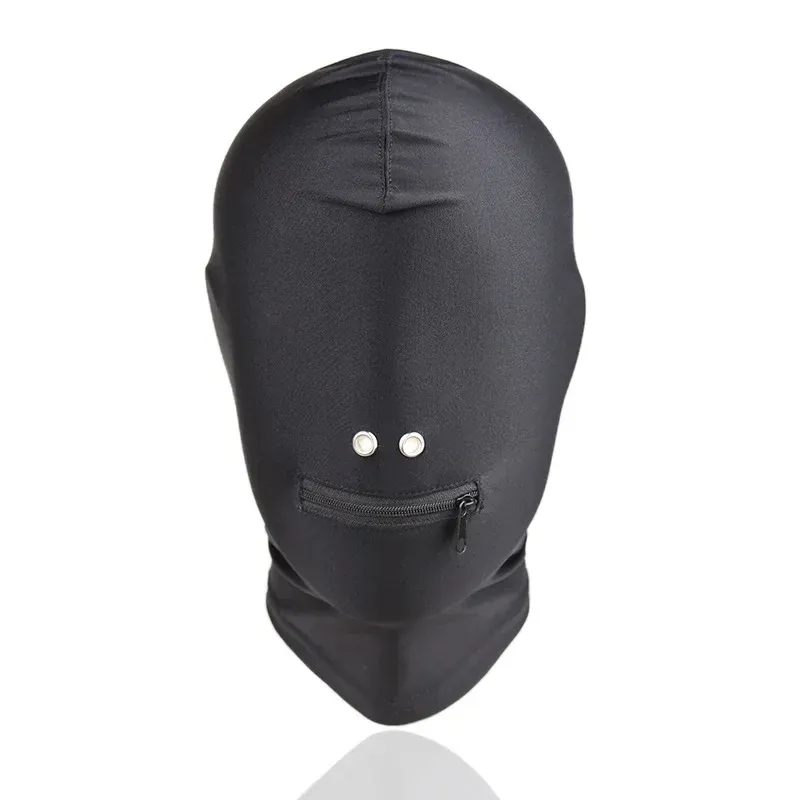 Maschera nera con cerniera per bocca aperta Copricapo Copricapo per occhi Cappuccio per testa Restrizioni Lepre BDSM Bodage Gioco di ruolo Giocattolo sessuale Donna_voghion.com