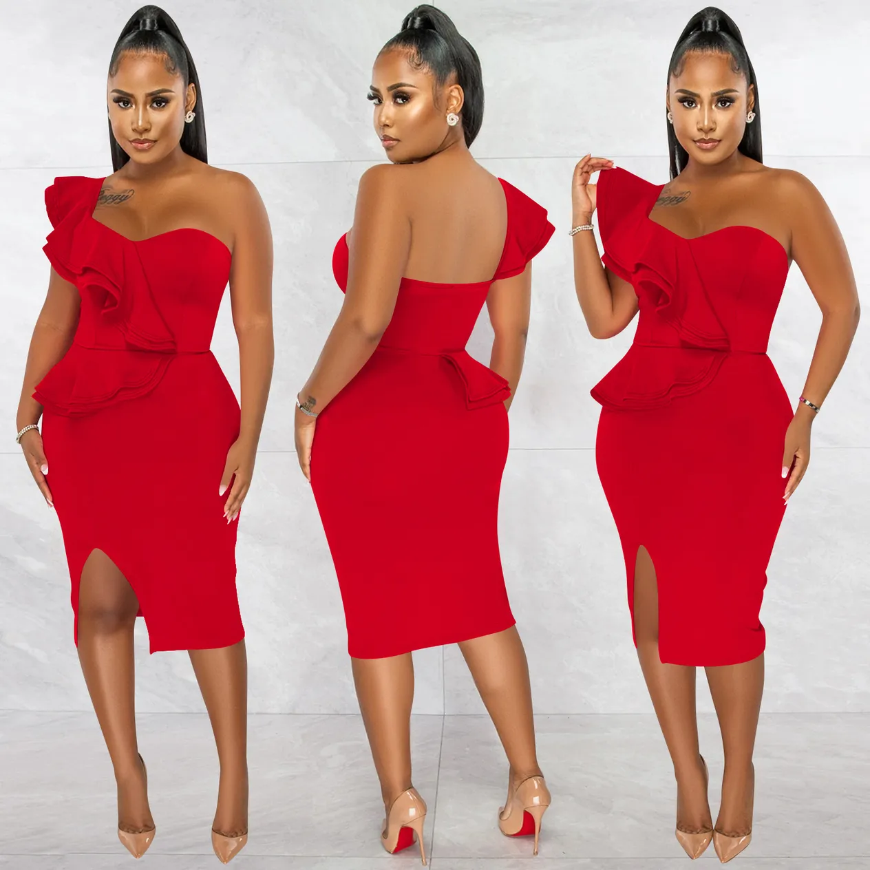 Women's Clothing fashion casual ruffled slit one shoulder sleeve dress women's clothing_voghion.com