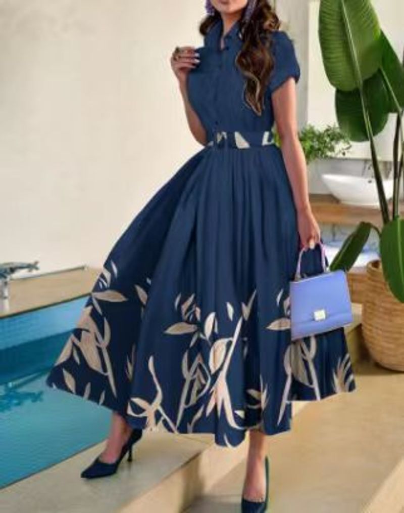 Damen Hemdkragen Große Swing Positionierung Blumendruck Kurzarm Knopfkleid mit Gürtel_voghion.com
