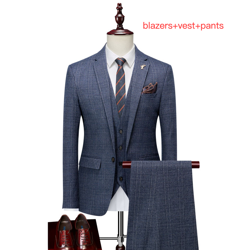 3pcs men's clothing check slim casual suit blazer set_voghion.com