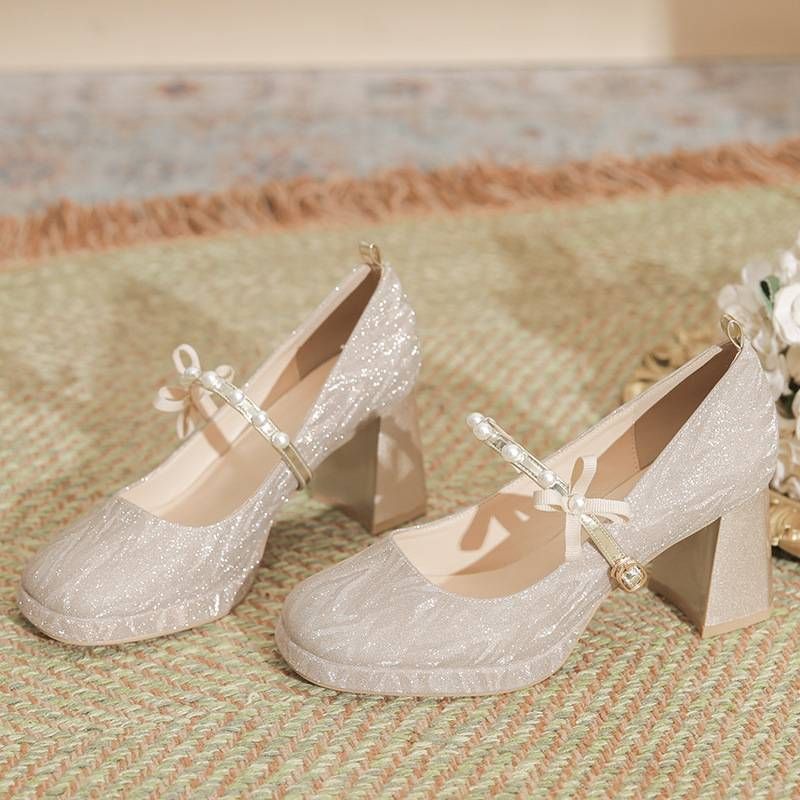 Women's Shoes Casual Business Wedding Party Pearl Bow Thick Heel Non Tiring Shoes Xiuhe Wedding Dress Two Way Wedding Shoes Women's Shoes_voghion.com