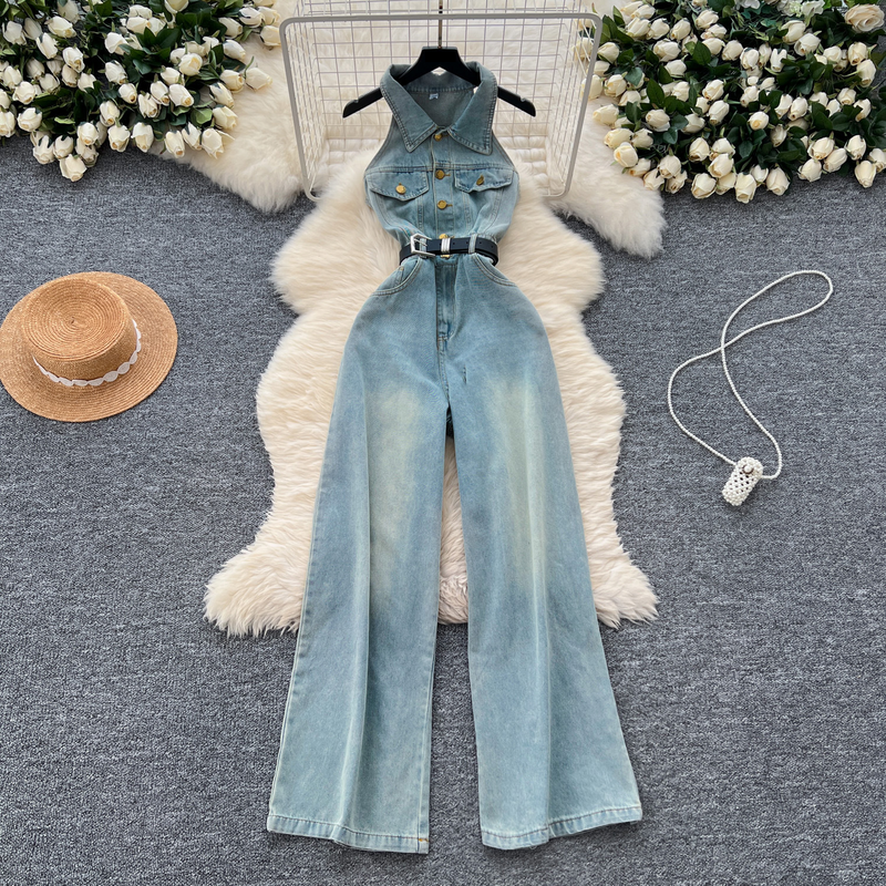Women's Clothing Women's Summer Chic Niche Fashion Lapel Single Breasted Waist Slim Denim Wide Leg Casual Pants_voghion.com