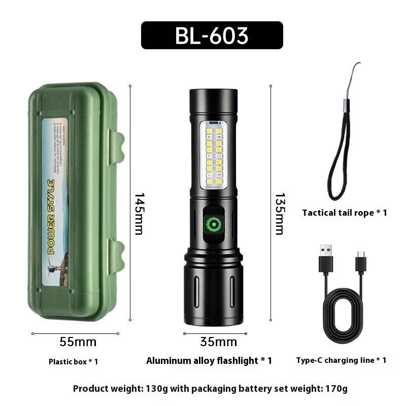 Multi-Function LED Flashlight - Power Zoomable COB Side Light With Laser Beam, Portable Tactical Flashlight For Outdoor, Camping, Emergency_voghion.com