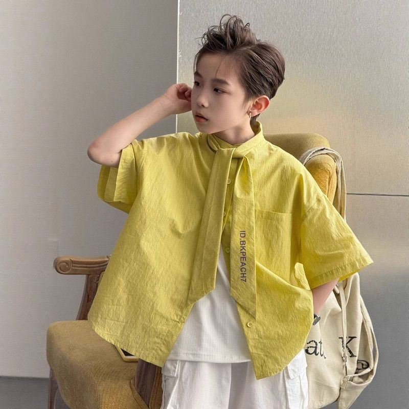 2025 Summer New Style Boys Korean Style Versatile Striped Shirt Children's Summer Handsome Short Sleeved Top Shirt_voghion.com