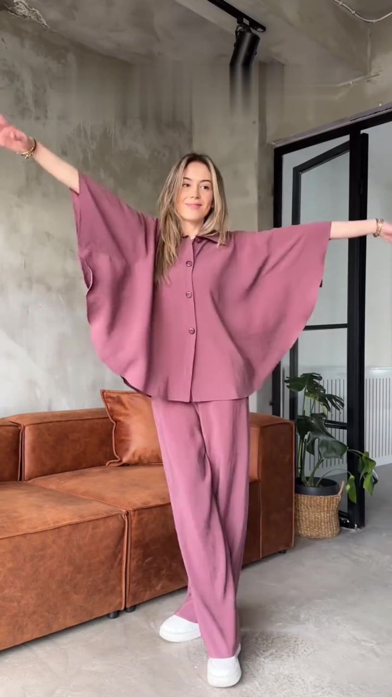 Women's Clothing Fashion Casual Suit Bat Sleeve Loose Shirt Trousers Two Piece Suit_voghion.com