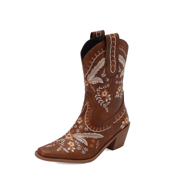 Western Cowboy Boots Embroidered vintage square toe high boots chunky heel mid-calf boots Bohemian Knight boots_voghion.com
