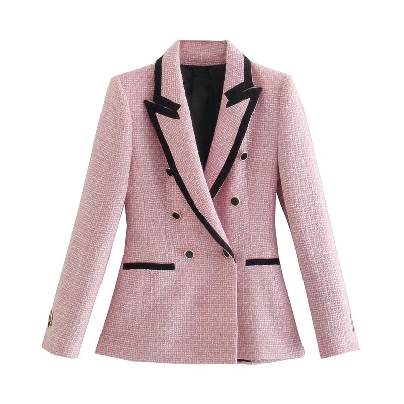 T MODA-Chaqueta de Tweed con doble botonadura y textura rosa para mujer, abrigos con bolsillos de manga larga, ropa de calle a la moda para mujer_voghion.com