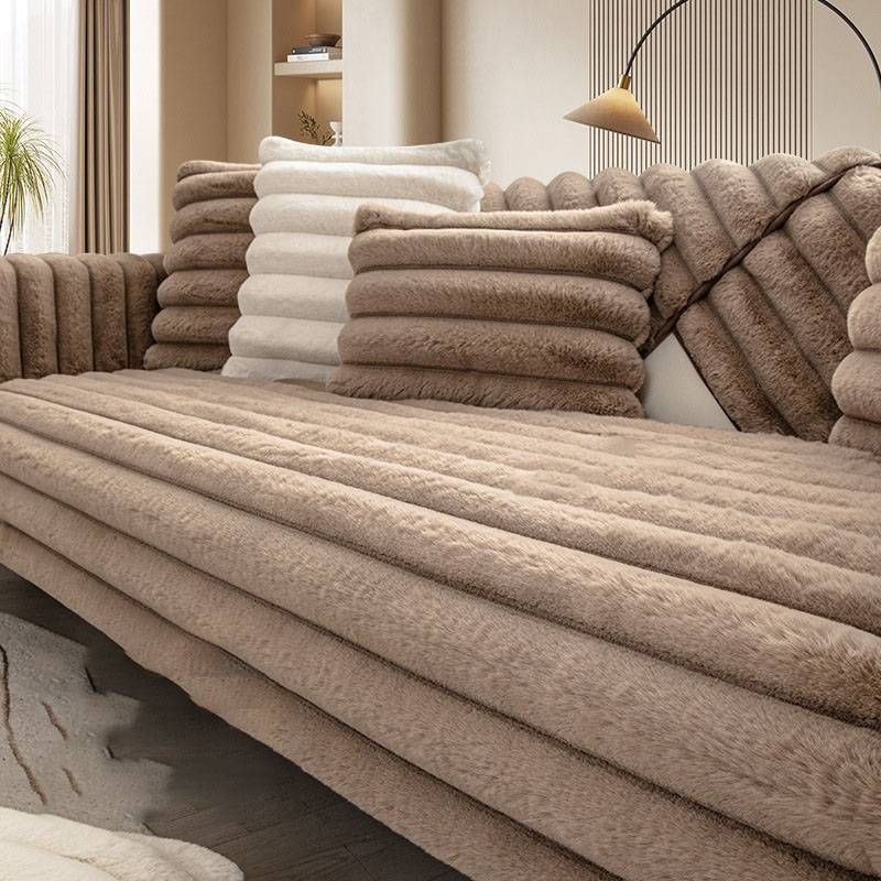 Rabbit Plush Winter Sofa Cushion Solid Wood Leather Sofa Cover Simple Light Luxury High End Cushion_voghion.com