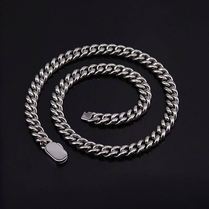 Collana con bracciale in acciaio al titanio, con fibbia a molla su un lato, stile hip hop, in acciaio inossidabile, con crittografia, catena a maglie rotonde, catena cubana._voghion.com