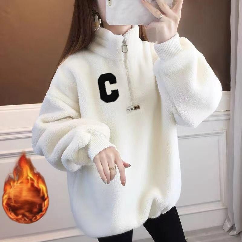 Women's Clothing Plus Velvet Stand Collar Fleece Stand Collar Sweatshirt - Cozy Oversized Pullover Top With Drop Shoulder For Autumn Winter Fashion_voghion.com